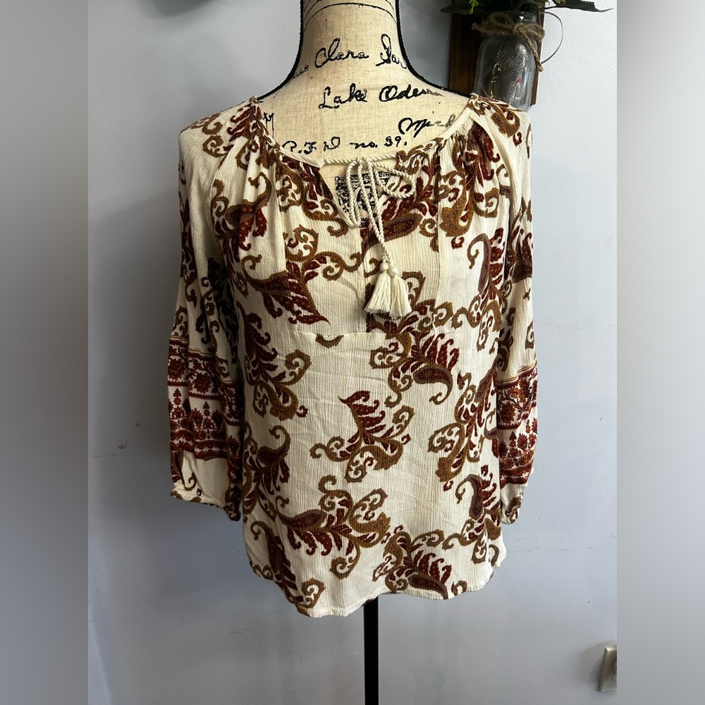 Natural bohemian blouse paisley‎ print tassels peasant top hippie lightweight
